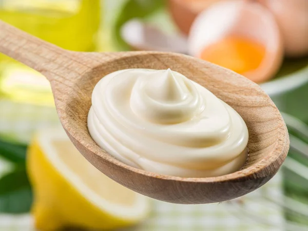 Natürliche Mayonnaise-Sauce im Kochlöffel und seine Zutat — Stockfoto