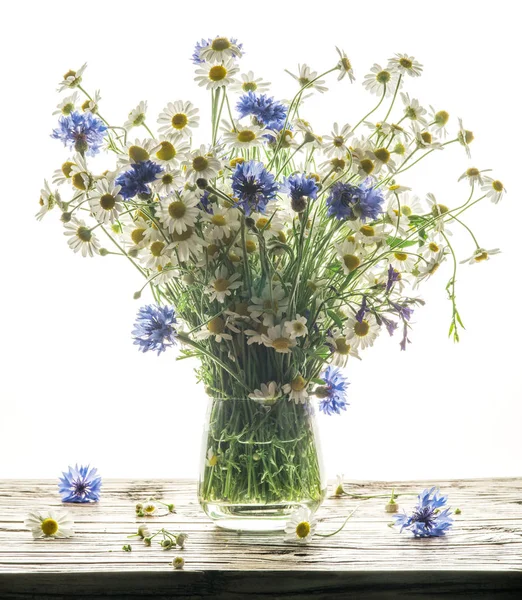 Bouquet de camomilles et de bleuets dans le vase sur le bois — Photo
