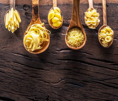 Masadaki tahta kaşıklarda farklı makarna tipleri. Üst görünüm.