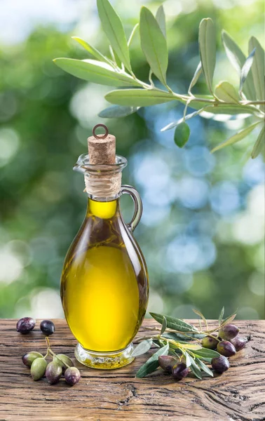 Olive oil and berries are on the wooden table under the olive tr — Stock Photo, Image