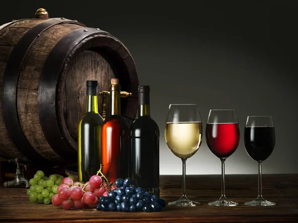 Stilleben med vin, ost och frukt. — Stockfoto