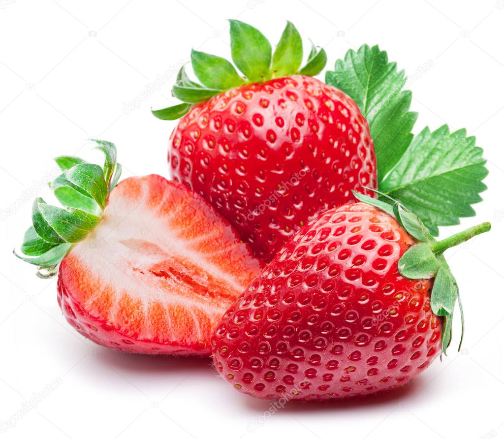 Three strawberries with strawberry leaf on white background.