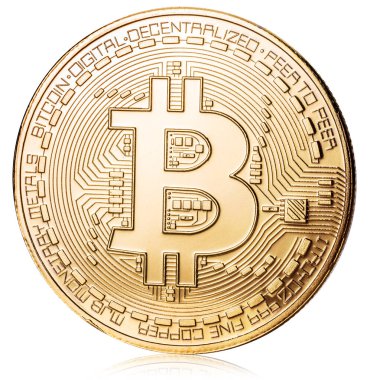 Beyaz arka plan üzerinde fiziksel bitcoin. Cryptocurrency. Kırpma p