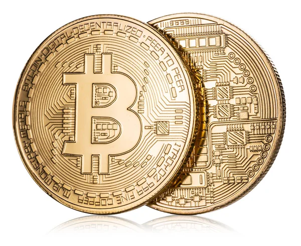 Fysiska bitcoin på vit bakgrund. Kryptovaluta. Klippning p — Stockfoto