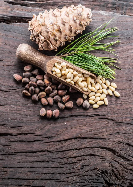 Pine nuts in the scoop and pine nut cone on the wooden table. Or — Stock Photo, Image