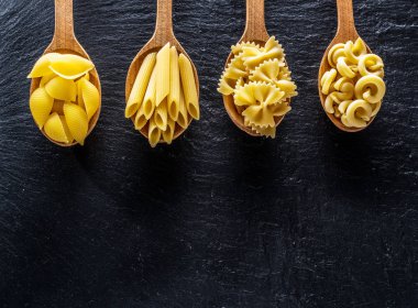 Masadaki tahta kaşıklarda farklı makarna tipleri. Üst görünüm.