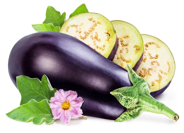 Aubergine of aubergine met aubergine bloem en bladeren op wit — Stockfoto