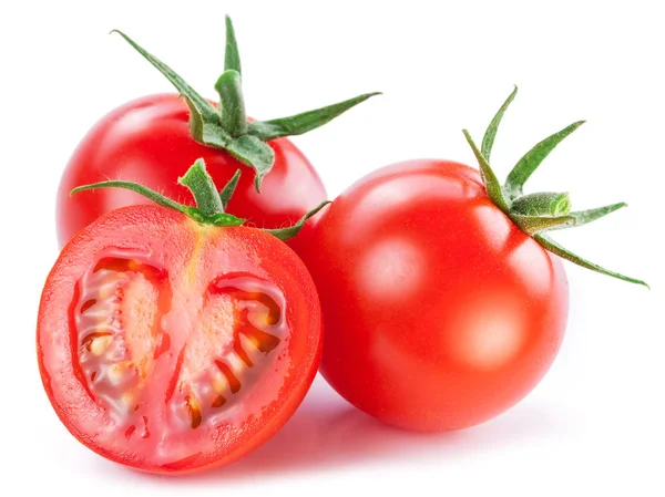Dos tomates cherry y una sección transversal de tomate. Fondo blanco —  Fotos de Stock