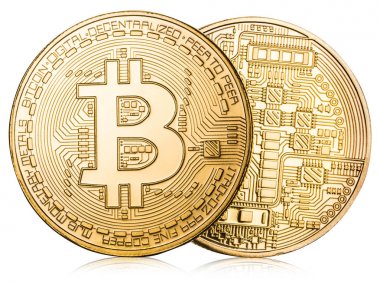 Beyaz arka plan üzerinde fiziksel bitcoin. Cryptocurrency. Kırpma p