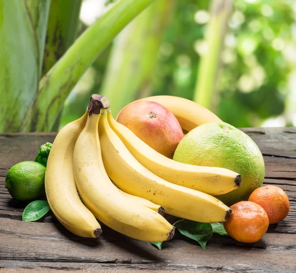 Reife exotische Früchte auf dem Holztisch. Natur im Hintergrund. — Stockfoto