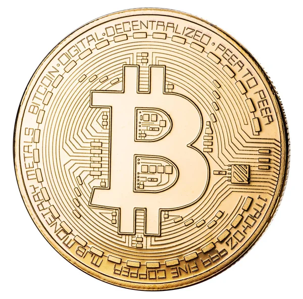 Fysiska bitcoin på vit bakgrund. Kryptovaluta. Klippning p — Stockfoto