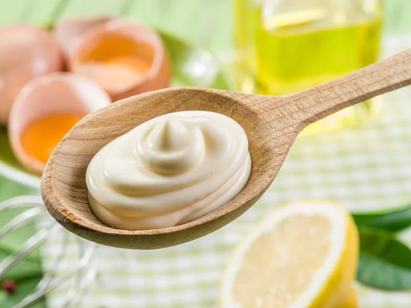 Natürliche Mayonnaise-Sauce im Kochlöffel und seine Zutat — Stockfoto