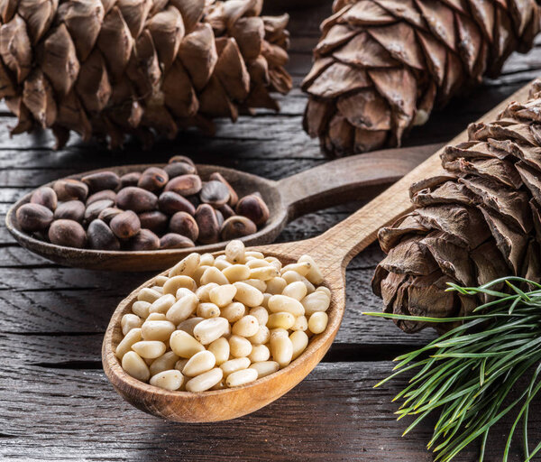 Pine nuts in the spoon and pine nut cone on the wooden table. Or