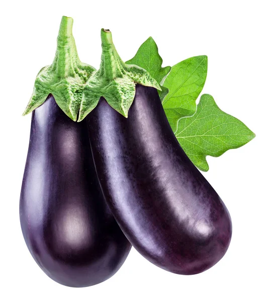 Aubergines or eggplants with eggplant leaf white background. — Stock Photo, Image