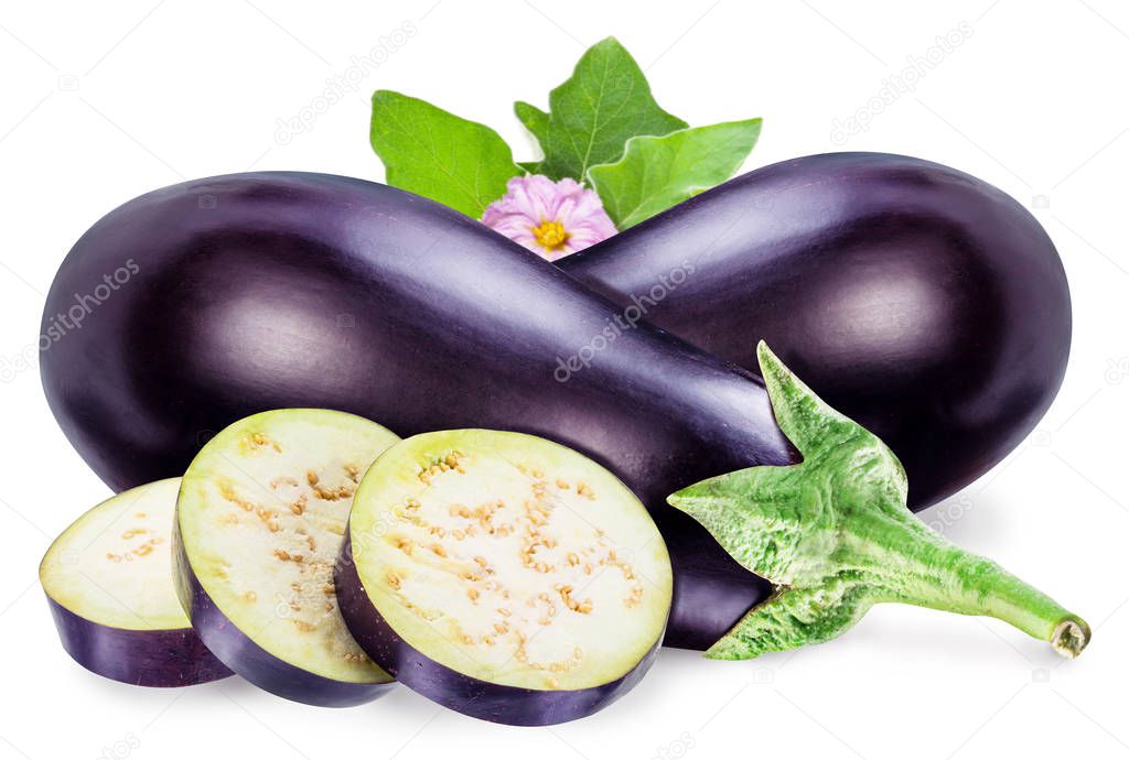 Aubergine or eggplant with aubergine flower and leaves on white 