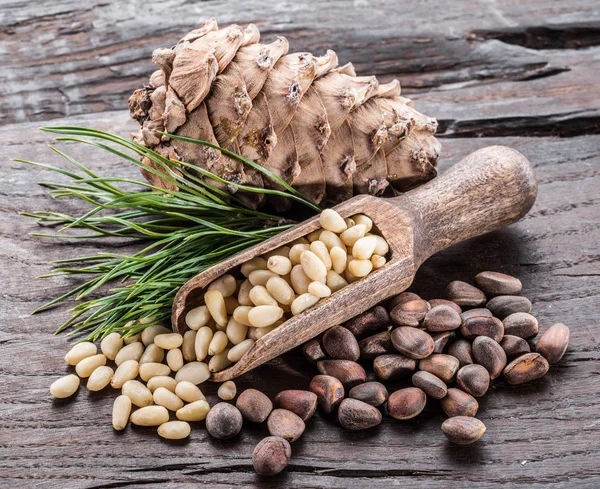 Noix de pin dans la cuillère et cône de noix de pin sur la table en bois. Ou — Photo