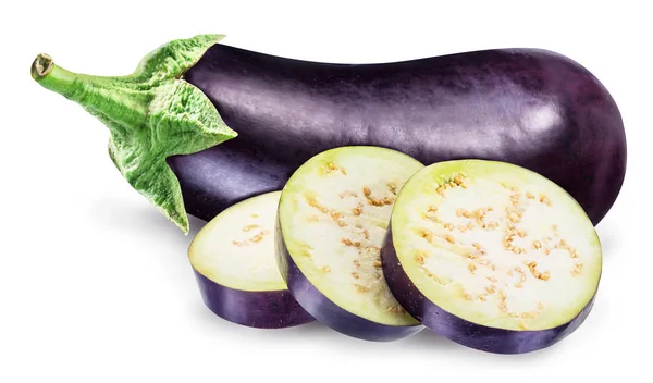 Aubergine or eggplant with aubergine slices on white background. — Stock Photo, Image