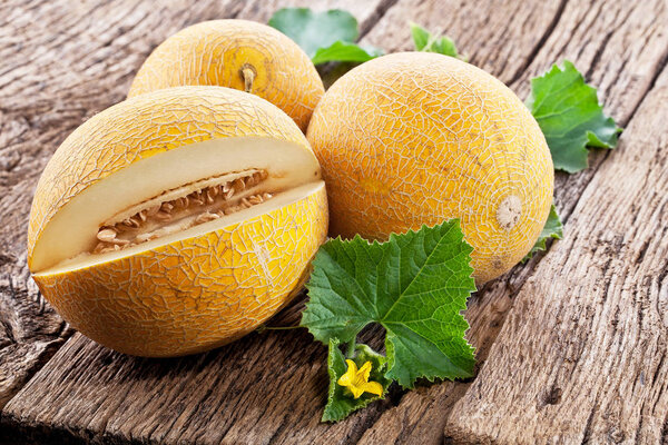 Ripes melons with melon leaves on wooden background.