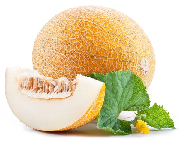 Reife Melonen mit frischen Melonenblättern auf weißem Hintergrund. — Stockfoto