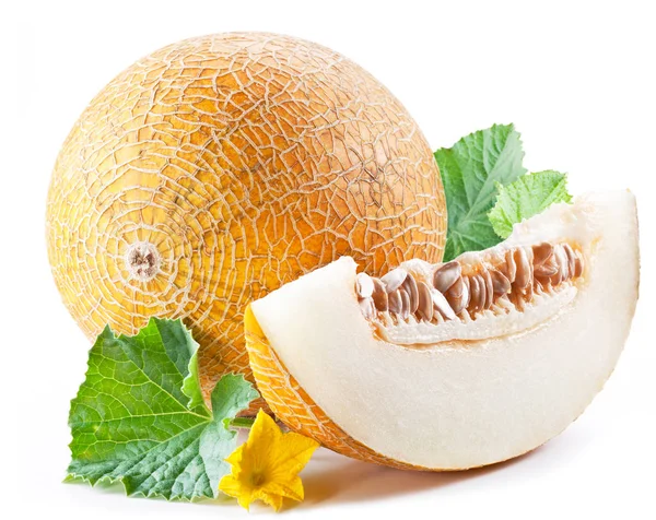 Reife Melone und Melonenscheibe auf weißem Hintergrund. — Stockfoto