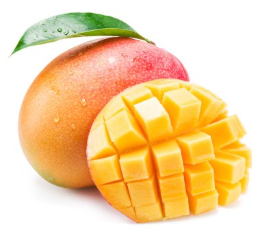 Mango meyve su damla ile. Beyaz bir arka plan üzerinde izole.