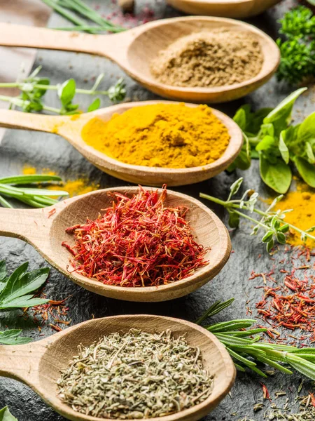 Assortment of colorful spices in the wooden spoons. — Stock Photo, Image