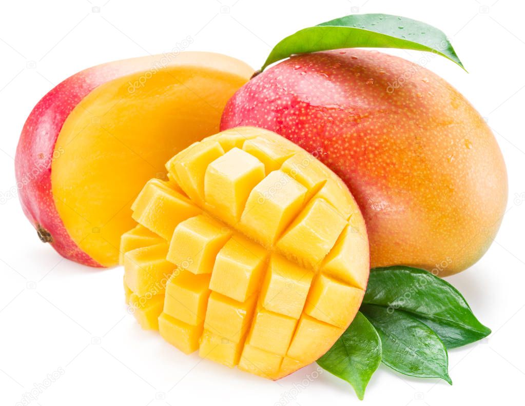 Mango cubes and mango fruit. Isolated on a white background.