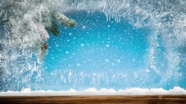Zamarznięte Okno Wzorami Oknem Pada Śnieg Niebieskim Tle Piękne Tło — Wideo stockowe
