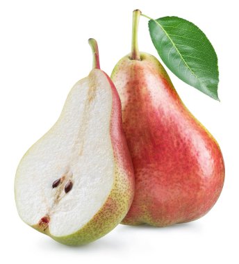 Beyaz arka planda yaprağı olan olgun armutlar. Kesme yolu.