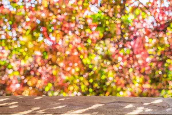 Podzimní pozadí s dřevěným stolem a krásným slunečným bokeh. — Stock fotografie