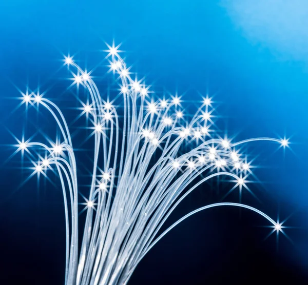 Fascio di fibre ottiche con luci alle estremità. Backgroun blu — Foto Stock