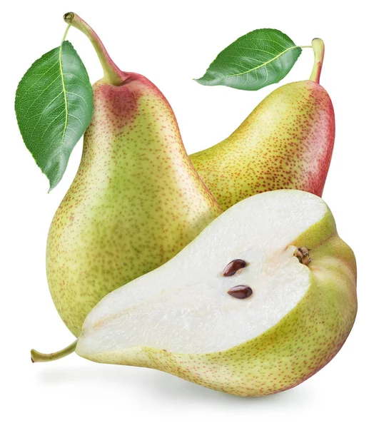 Mogna päron med blad på vit bakgrund. Klippbana. — Stockfoto