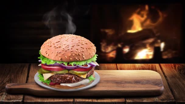 Hamburger Caldo Fresco Vecchio Tavolo Vintage Vapore Innalza Sopra Prodotto — Video Stock