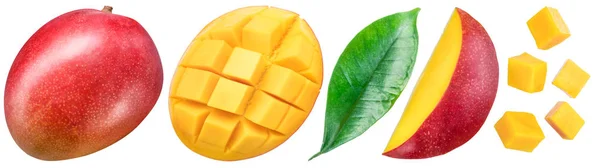 Conjunto de frutas de mango y rodajas de mango. Aislado sobre un fondo blanco — Foto de Stock