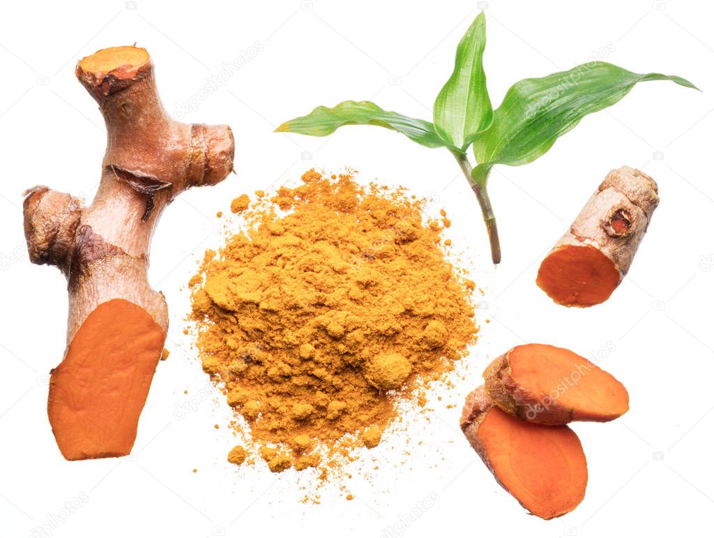 Fresh turmeric rhizome and turmeric powder isolated on white bac