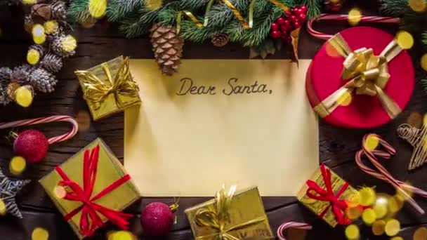 Vídeo Animado Com Uma Carta Papai Noel Luzes Natal Decorações — Vídeo de Stock