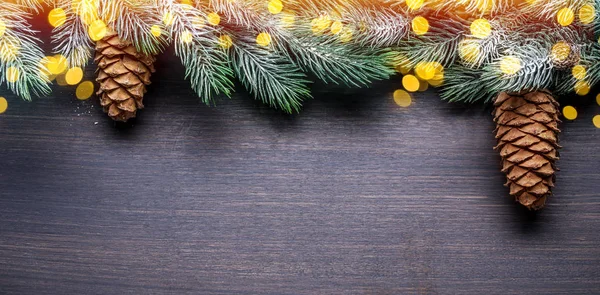 Ramo de abeto nevado com cones de abeto e luzes de Natal borradas acesas — Fotografia de Stock