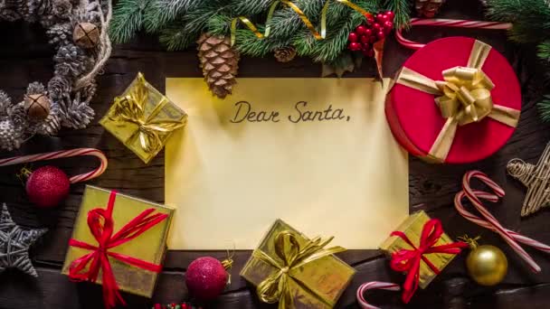 Анимированное Видео Письмом Санта Клаусу Трогательными Подарками Рождественскими Украшениями Зацикленное — стоковое видео