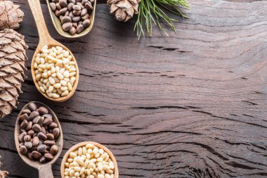 Çam fıstığı ahşap masa üzerinde kaşık ve çam fıstığı koni. Veya