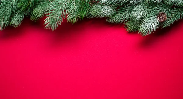 Κόκκινο νέο έτος ή Χριστούγεννα φόντο με χιονισμένο έλατο υποκατάστημα και f — Φωτογραφία Αρχείου