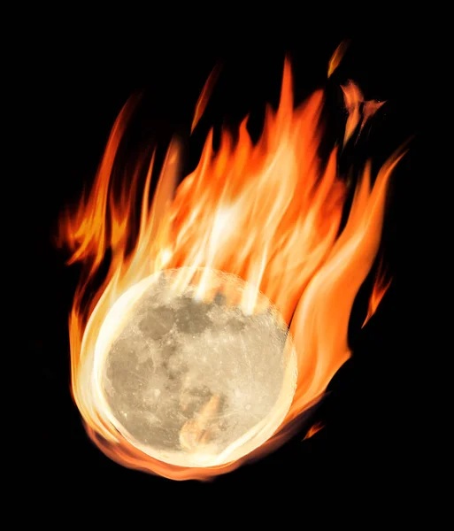 Burning Moon or Lunar on the black background. Mystic montage. — Stock Photo, Image