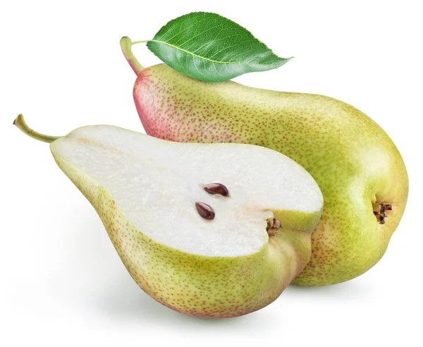 Ripe pear with green leaf and pear longitudinal section on white — Stock Photo, Image