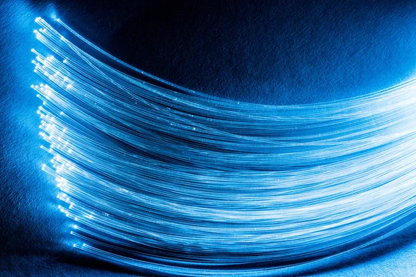 Paquete de fibras ópticas con luces en los extremos. Fondo azul. — Foto de Stock