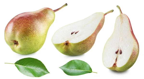Peral madura la mitad de las hojas de pera y pera sobre fondo blanco. Clip —  Fotos de Stock