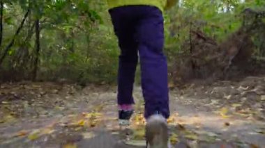Güzel bir sonbahar ormanında koşan bir kızın arkasında yer üstünde bir hareketlilik var. 4k drone görüntüsü.