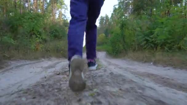 美しい秋の森の中で実行中の少女の背後にある道路に沿って地面の上からの動き 4Kドローン映像 — ストック動画