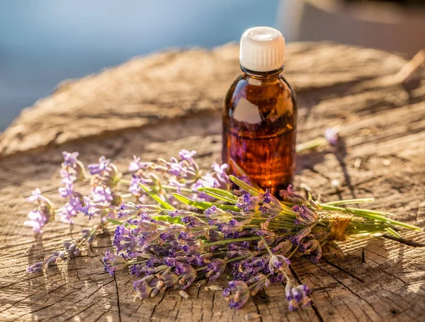 Stelletje lavandula of lavendel bloemen en olie fles zijn op de — Stockfoto