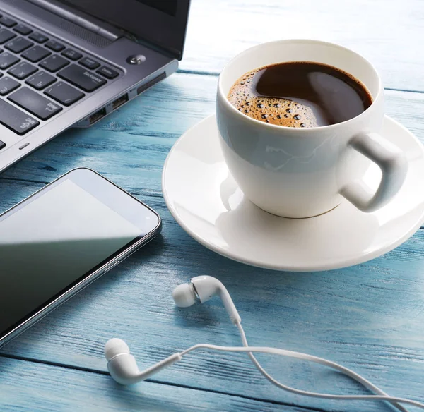 Coffee Break Office Table Different Gadgets Top View — Stock Photo, Image