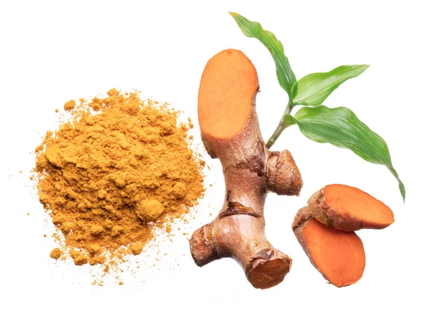 Rizomul Proaspăt Turmeric Pulberea Turmeric Izolate Fundal Alb — Fotografie, imagine de stoc