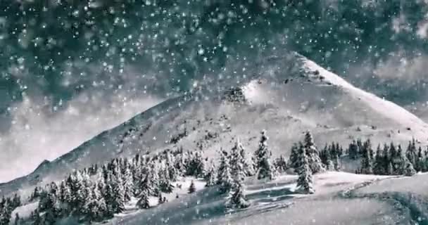 在美丽的冬季山水的衬托下 雪花缓缓落下 — 图库视频影像